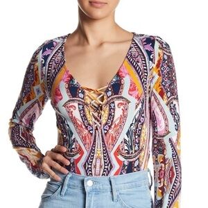Free People Pick A Place Lace up detail Long Sleeves Bodysuit, size X-Small